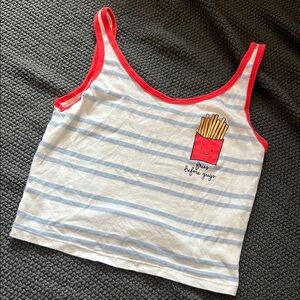 "Fries Before Guys" White and Blue Striped Cropped Tank Top with Red Trim Size M